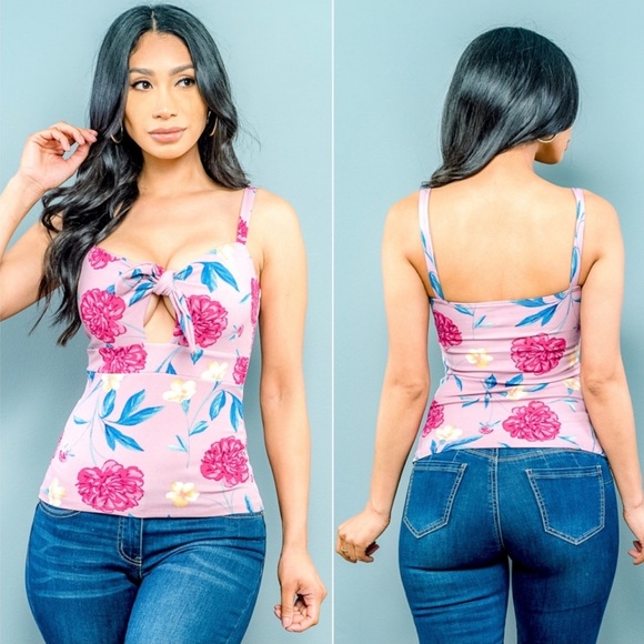 Pink Floral Front Tie Top - Picture 2 of 7